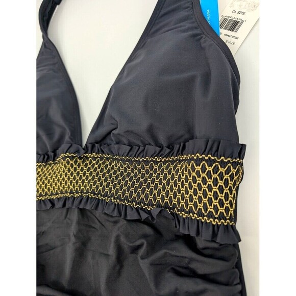 Bleu Rod Beattie Tankini Top Womens 10 Black Halter Metallic Contrast Ruched - Picture 4 of 13